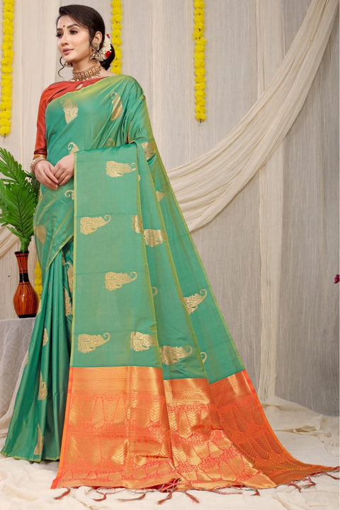 VastraLakshmi Precious Green Banarasi Silk With Extraordinary Blouse Piece