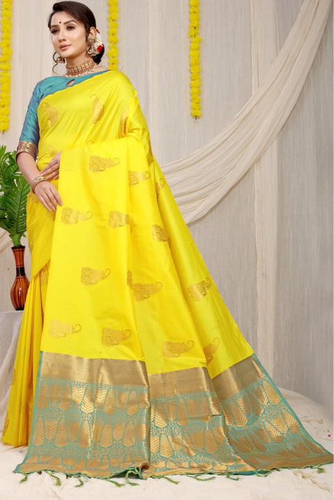 VastraLakshmi Lovely Lemon Banarasi Silk With Gleaming Blouse Piece