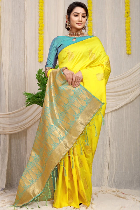 VastraLakshmi Lovely Lemon Banarasi Silk With Gleaming Blouse Piece