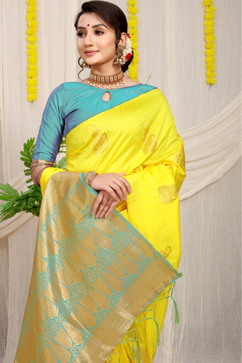 VastraLakshmi Lovely Lemon Banarasi Silk With Gleaming Blouse Piece