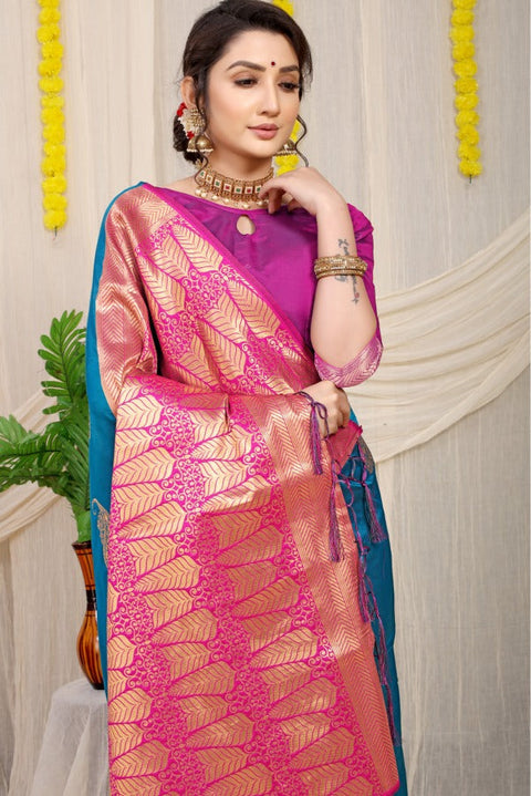 VastraLakshmi Unique Rama Banarasi Silk With Dazzling Blouse Piece