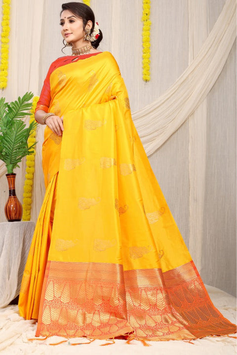 VastraLakshmi Intricate Yellow Banarasi Silk With Impressive Blouse Piece