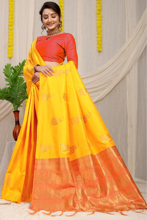 VastraLakshmi Intricate Yellow Banarasi Silk With Impressive Blouse Piece