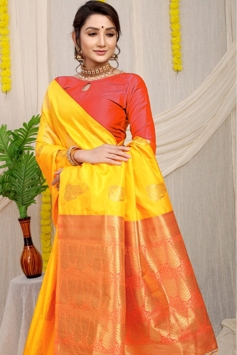 VastraLakshmi Intricate Yellow Banarasi Silk With Impressive Blouse Piece