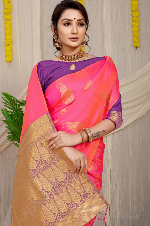 VastraLakshmi Stylish Pink Banarasi Silk With Skinny Blouse Piece