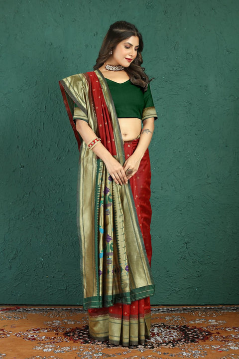 VastraLakshmi Gorgeous Maroon Paithani Silk Saree With Alluring Blouse Piece