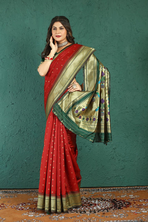 VastraLakshmi Unique Red Paithani Silk Saree With Gratifying Blouse Piece