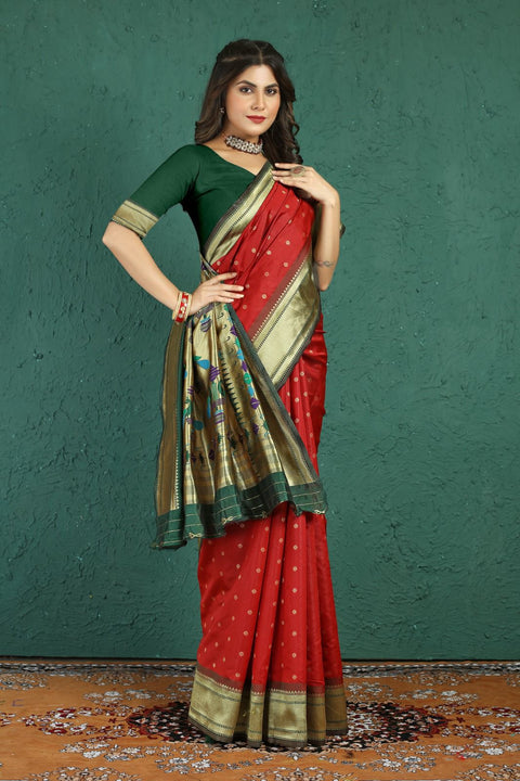 VastraLakshmi Unique Red Paithani Silk Saree With Gratifying Blouse Piece