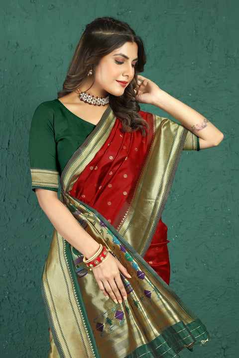 VastraLakshmi Unique Red Paithani Silk Saree With Gratifying Blouse Piece