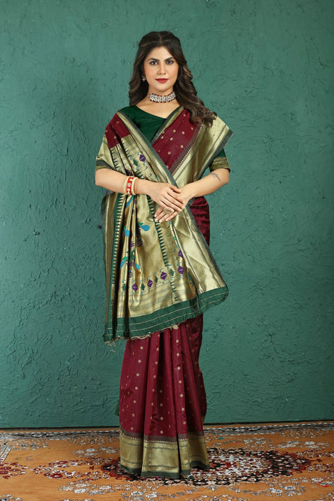 VastraLakshmi Engrossing Wine Paithani Silk Saree With Jazzy Blouse Piece