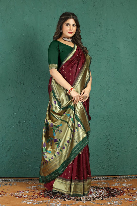 VastraLakshmi Engrossing Wine Paithani Silk Saree With Jazzy Blouse Piece