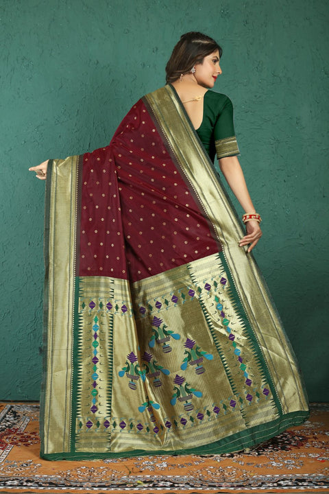 VastraLakshmi Engrossing Wine Paithani Silk Saree With Jazzy Blouse Piece