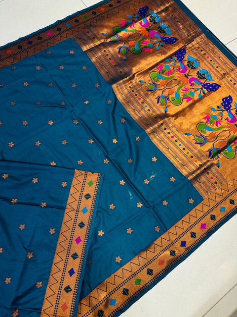 VastraLakshmi Beleaguer Blue Paithani Silk Saree With Ethnic Blouse Piece