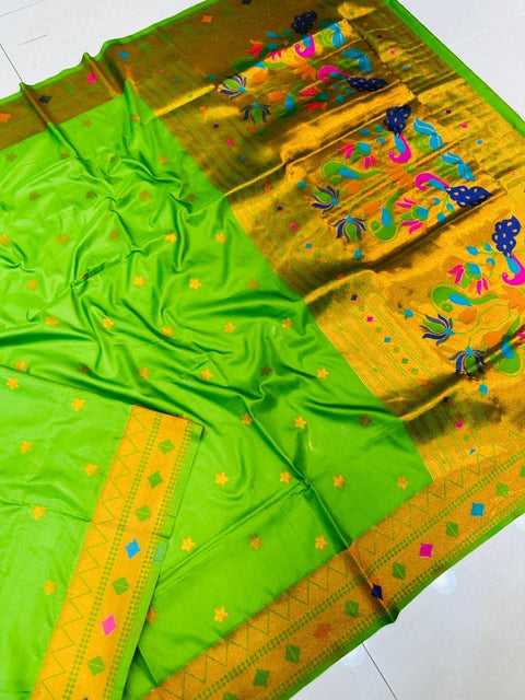 VastraLakshmi Fancifull Green Paithani Silk Saree With Ethnic Blouse Piece