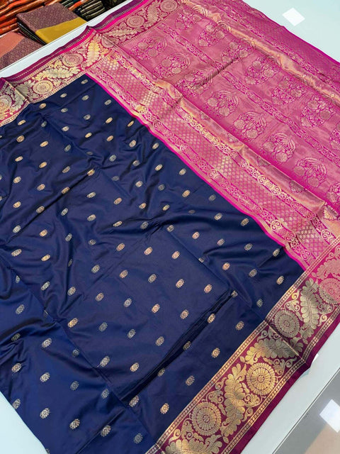 VastraLakshmi Excellent Navy Blue Soft Banarasi Silk Saree With Ailurophile Blouse