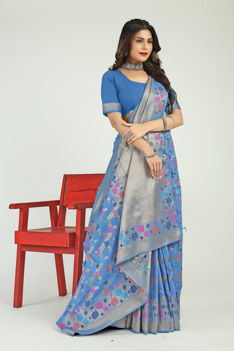 VastraLakshmi Amazing Firozi Linen Silk Saree With Sophisticated Blouse Piece