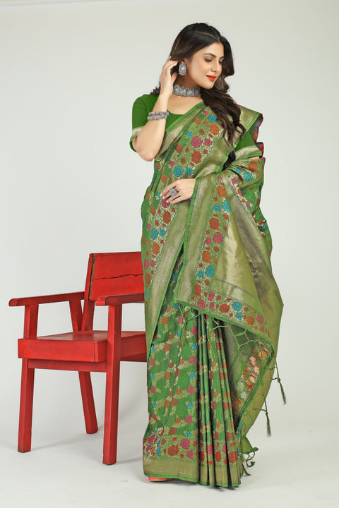 VastraLakshmi Refreshing Green Linen Silk Saree With Alluring Blouse Piece