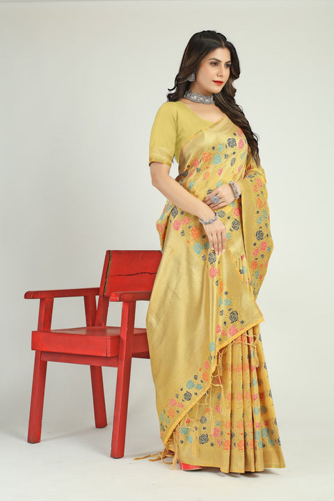 VastraLakshmi Glorious Lemon Linen Silk Saree With Attractive Blouse Piece