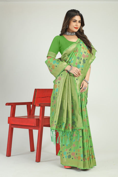 VastraLakshmi Stylish Pista Linen Silk Saree With Dazzling Blouse Piece