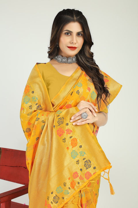 VastraLakshmi Alluring Yellow Linen Silk Saree With Skinny Blouse Piece