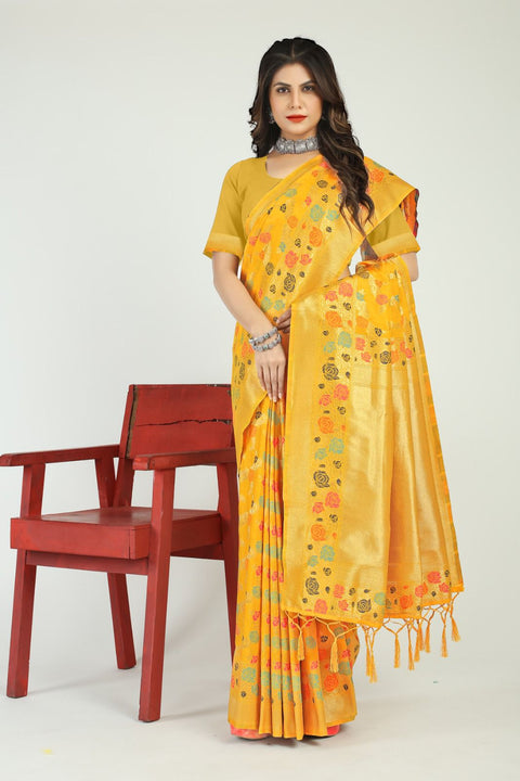 VastraLakshmi Alluring Yellow Linen Silk Saree With Skinny Blouse Piece