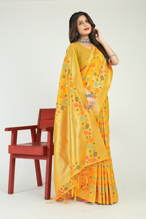 VastraLakshmi Alluring Yellow Linen Silk Saree With Skinny Blouse Piece