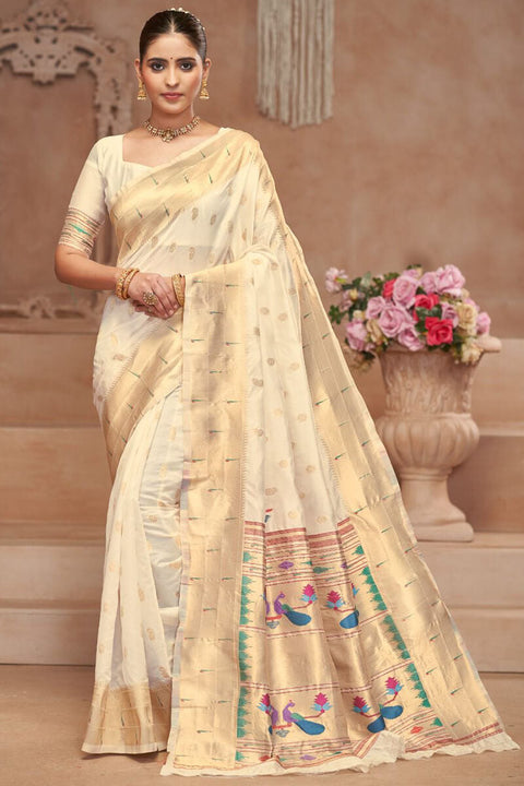 VastraLakshmi Intricate Beige Paithani Silk Saree With Smart Blouse Piece