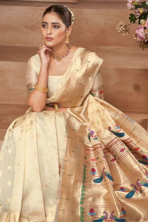 VastraLakshmi Intricate Beige Paithani Silk Saree With Smart Blouse Piece