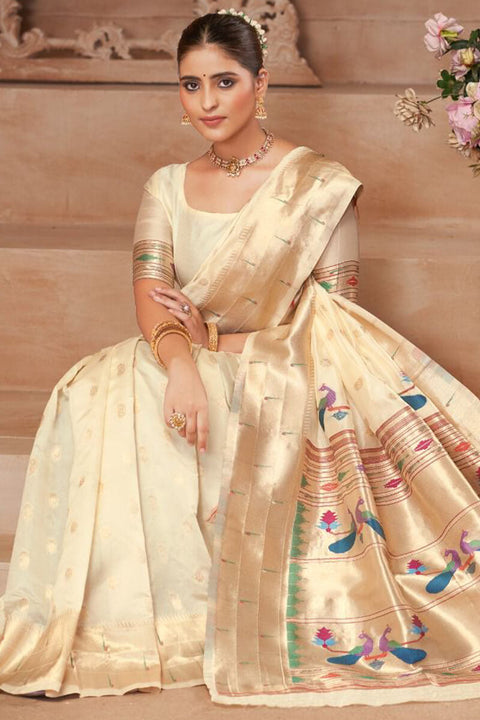 VastraLakshmi Intricate Beige Paithani Silk Saree With Smart Blouse Piece