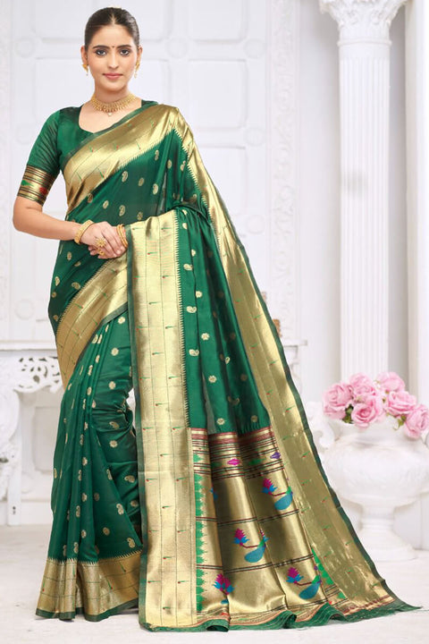 VastraLakshmi Prettiest Dark Green Paithani Silk Saree With Captivating Blouse Piece