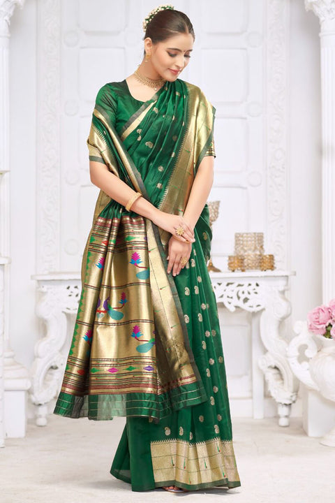 VastraLakshmi Prettiest Dark Green Paithani Silk Saree With Captivating Blouse Piece