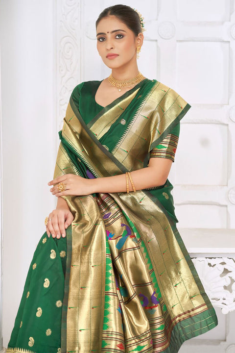 VastraLakshmi Prettiest Dark Green Paithani Silk Saree With Captivating Blouse Piece