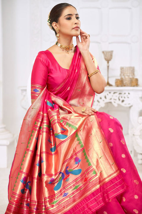 VastraLakshmi Adorable Dark Pink Paithani Silk Saree With Impressive Blouse Piece