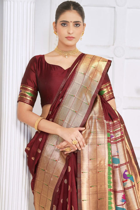 VastraLakshmi Invaluable Maroon Paithani Silk Saree With Wonderful Blouse Piece