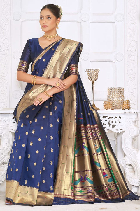 VastraLakshmi Pretty Navy Blue Paithani Silk Saree With Amazing Blouse Piece