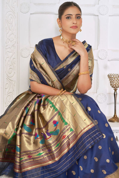 VastraLakshmi Pretty Navy Blue Paithani Silk Saree With Amazing Blouse Piece