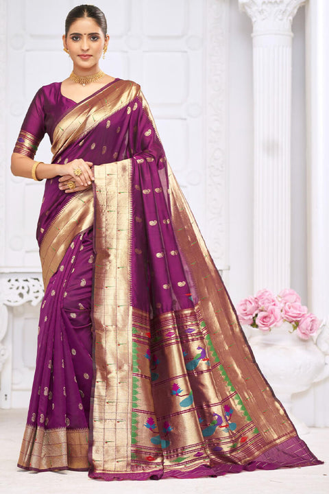 VastraLakshmi Majesty Wine Paithani Silk Saree With Blissful Blouse Piece