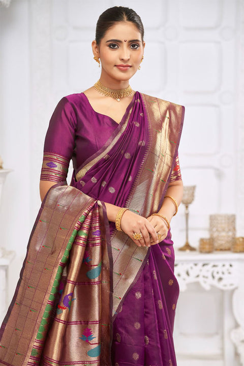 VastraLakshmi Majesty Wine Paithani Silk Saree With Blissful Blouse Piece