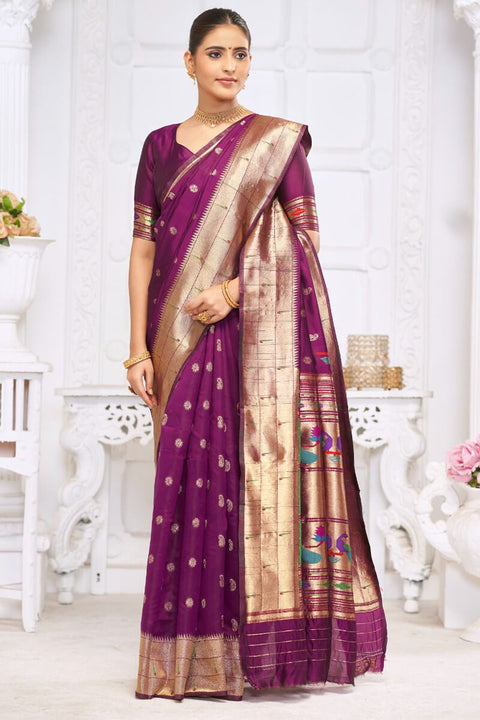 VastraLakshmi Majesty Wine Paithani Silk Saree With Blissful Blouse Piece