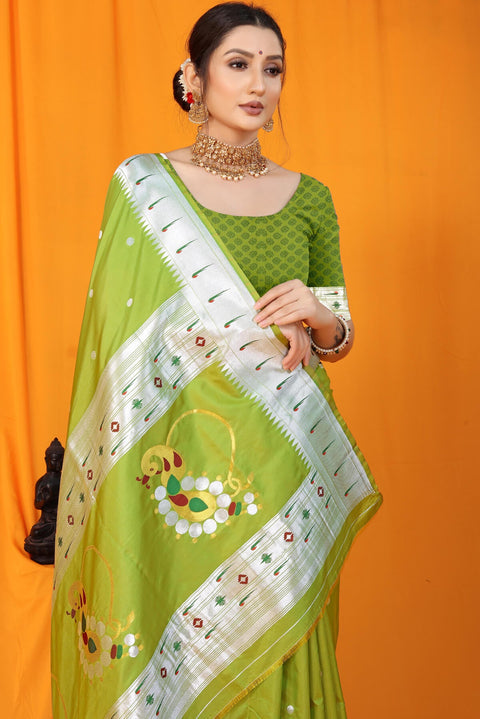 VastraLakshmi Fragrant Green Paithani Silk Saree With Woebegone Blouse Piece