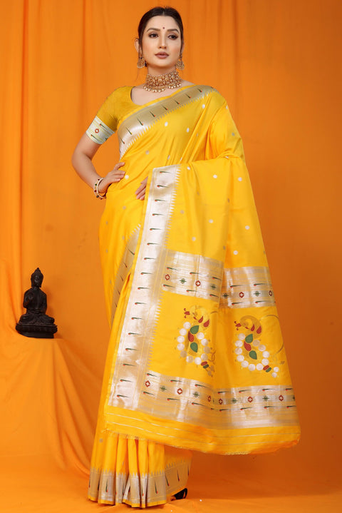 VastraLakshmi Improbable  Yellow Paithani Silk Saree With Nemesis Blouse Piece