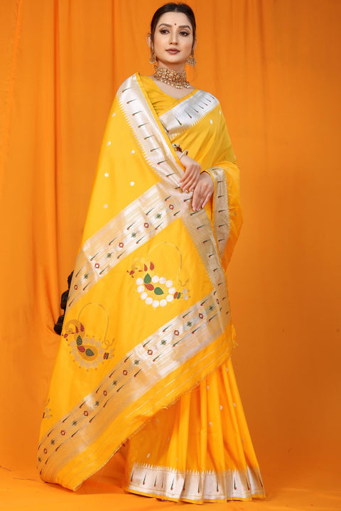 VastraLakshmi Improbable  Yellow Paithani Silk Saree With Nemesis Blouse Piece