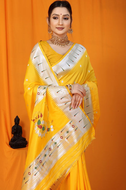 VastraLakshmi Improbable  Yellow Paithani Silk Saree With Nemesis Blouse Piece