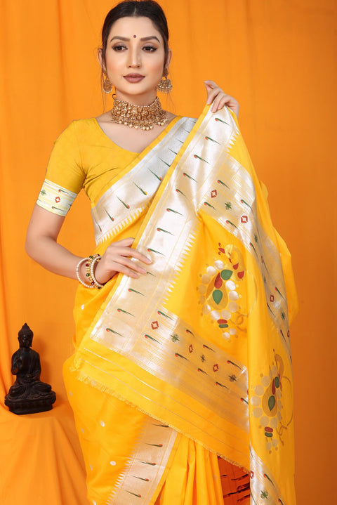 VastraLakshmi Improbable  Yellow Paithani Silk Saree With Nemesis Blouse Piece