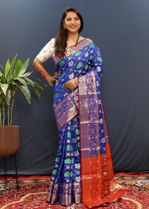 VastraLakshmi Beleaguer Blue Patola Silk Saree with Exemplary Blouse Piece