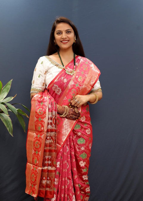 VastraLakshmi Lagniappe Pink Patola Silk Saree with Rhapsodic Blouse Piece