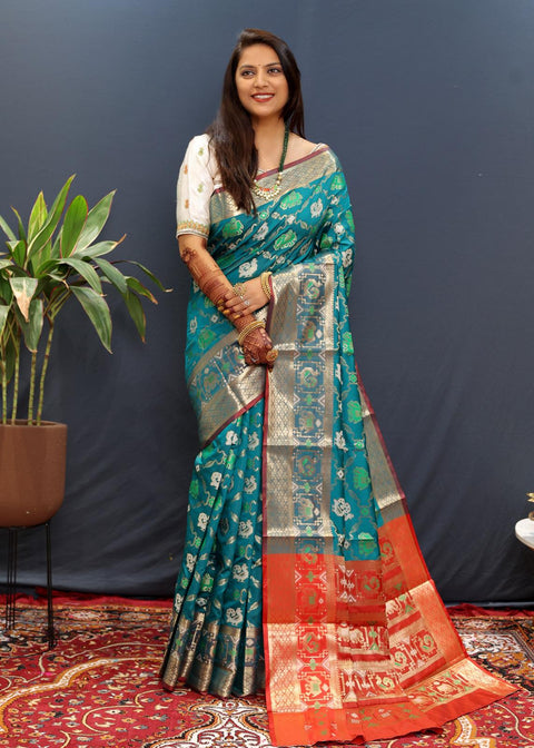 VastraLakshmi Effervescent Rama Patola Silk Saree with Piquant Blouse Piece