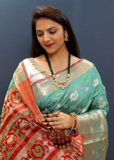 VastraLakshmi Susurrous Sky Patola Silk Saree with Dulcet Blouse Piece