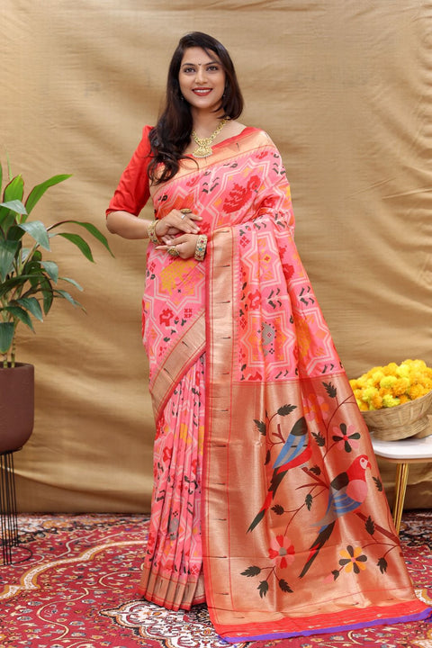 VastraLakshmi Breathtaking Pink Paithani Silk Saree With Delightful Blouse Piece