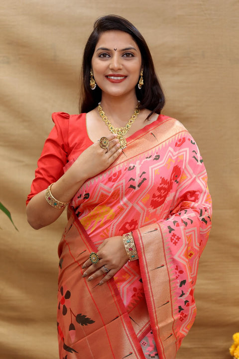 VastraLakshmi Breathtaking Pink Paithani Silk Saree With Delightful Blouse Piece